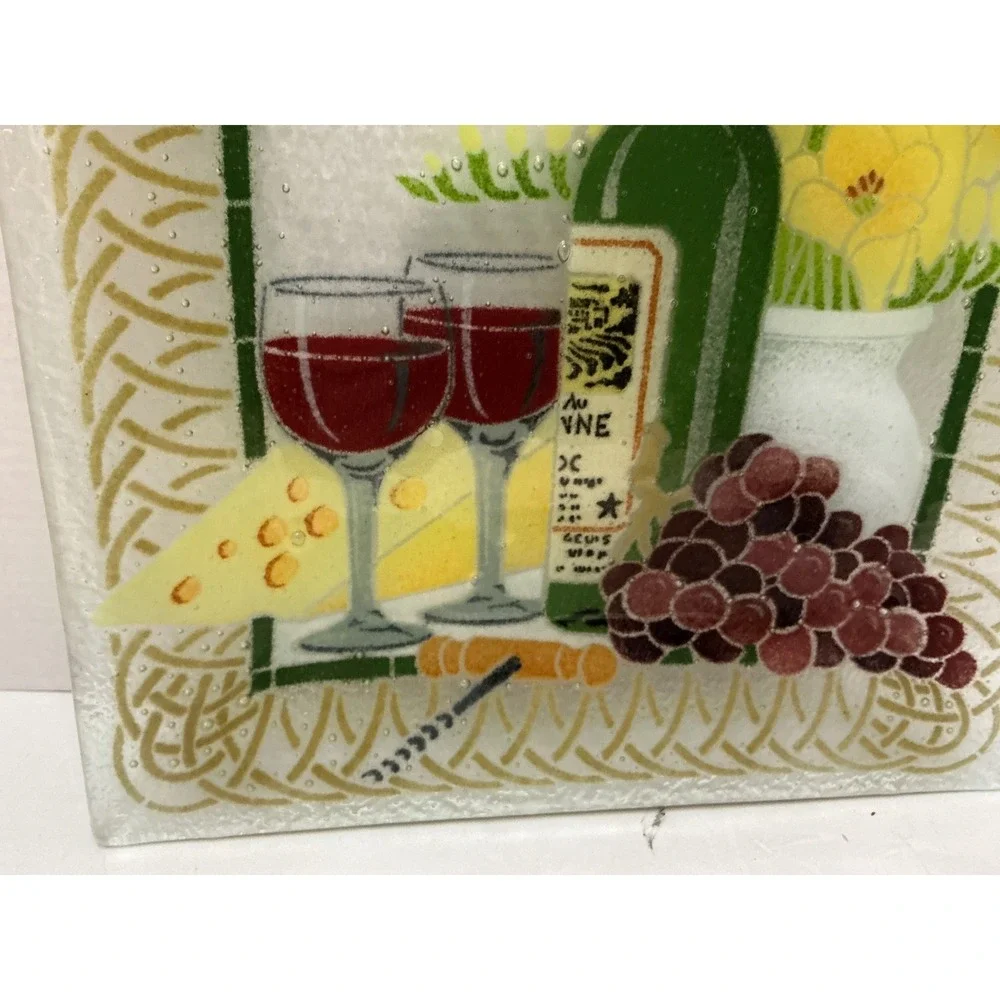 Glass Platter Wine Cheese Grapes Still Life 11.5in Square Kitchen Decor